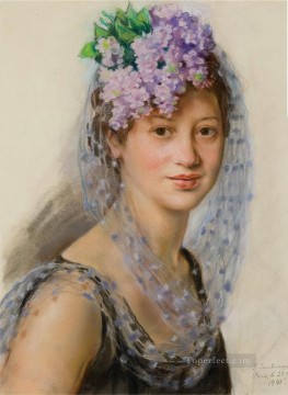 Russian Painting - portrait of berthe popoff in a floral fascinator 1941 Russian
